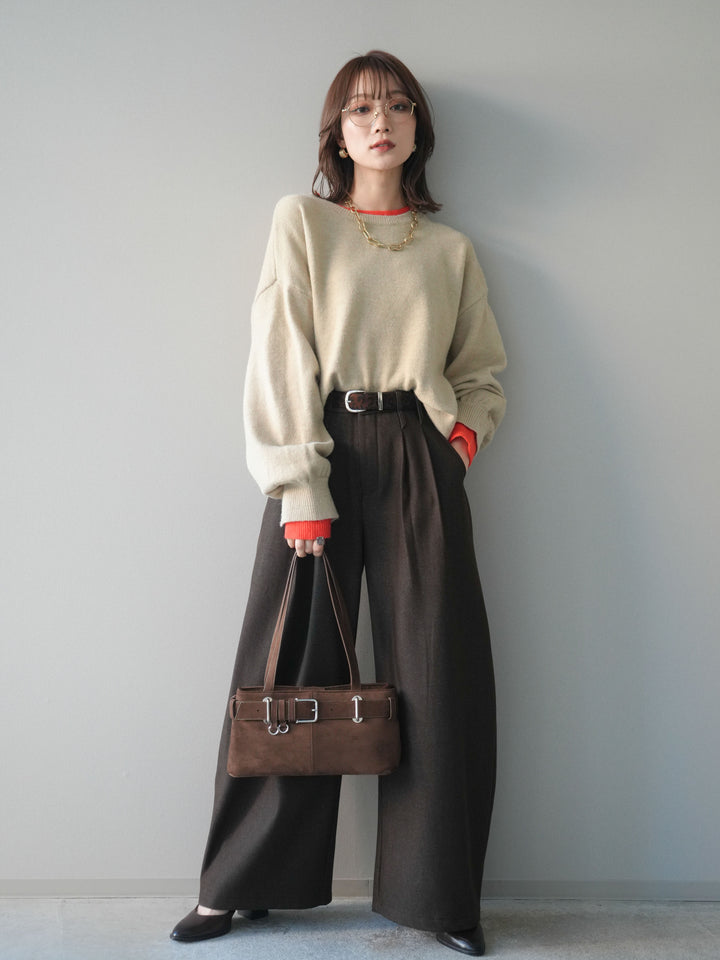 [予約]アニマル柄ベルト付きウールタッチワイドパンツ/brown