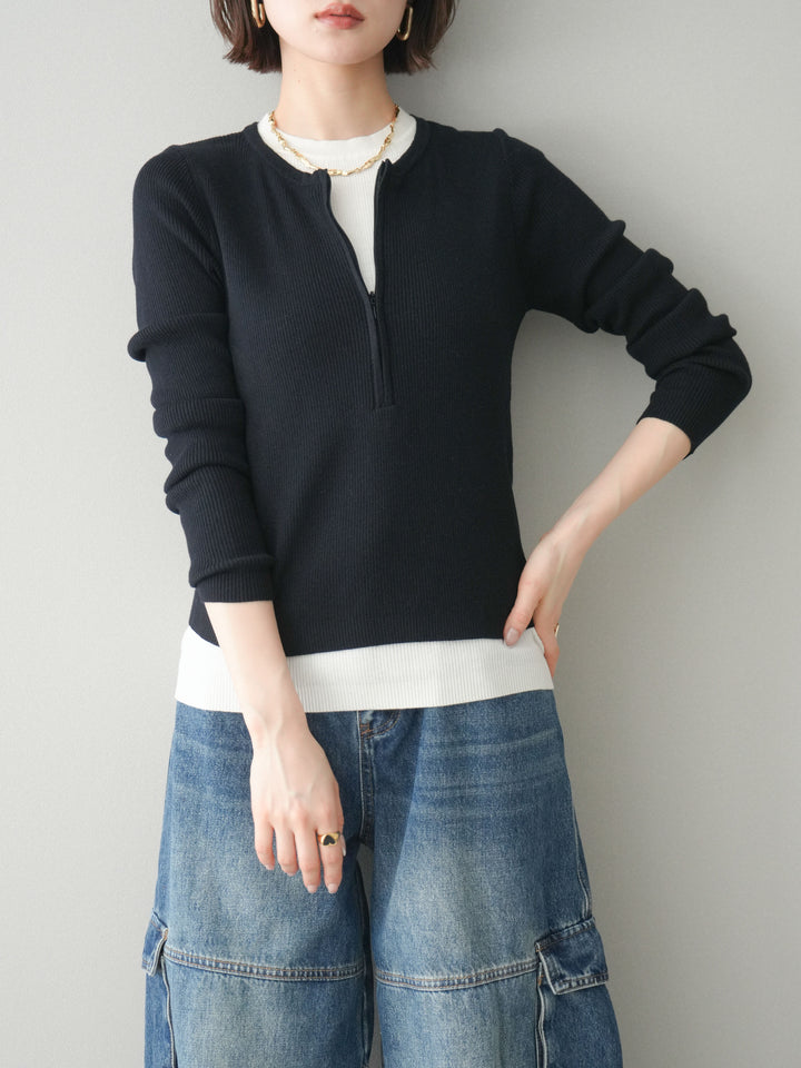 [予約]フロントジップ配色レイヤードニットトップス/navy