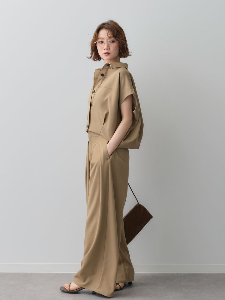 【套裝】縐綢燈籠無袖襯衫 + 縐綢闊腿褲（兩件套）