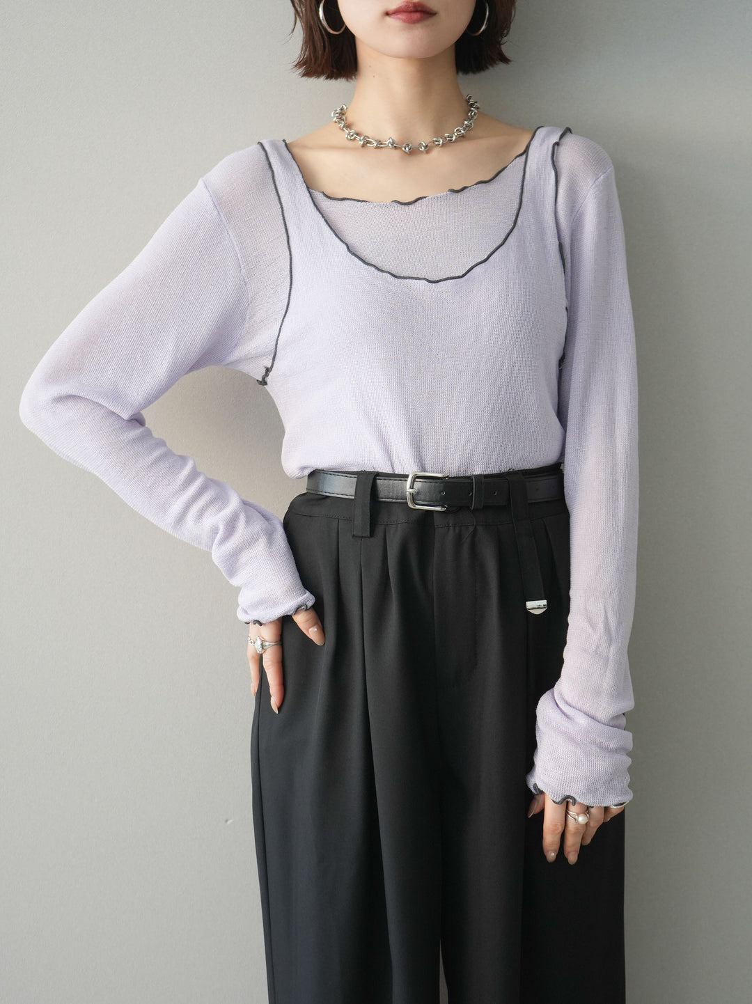 [SET]バイカラーメローアンサンブルシアーニットトップス+バイカラーメローアンサンブルシアーニットトップス(2set)