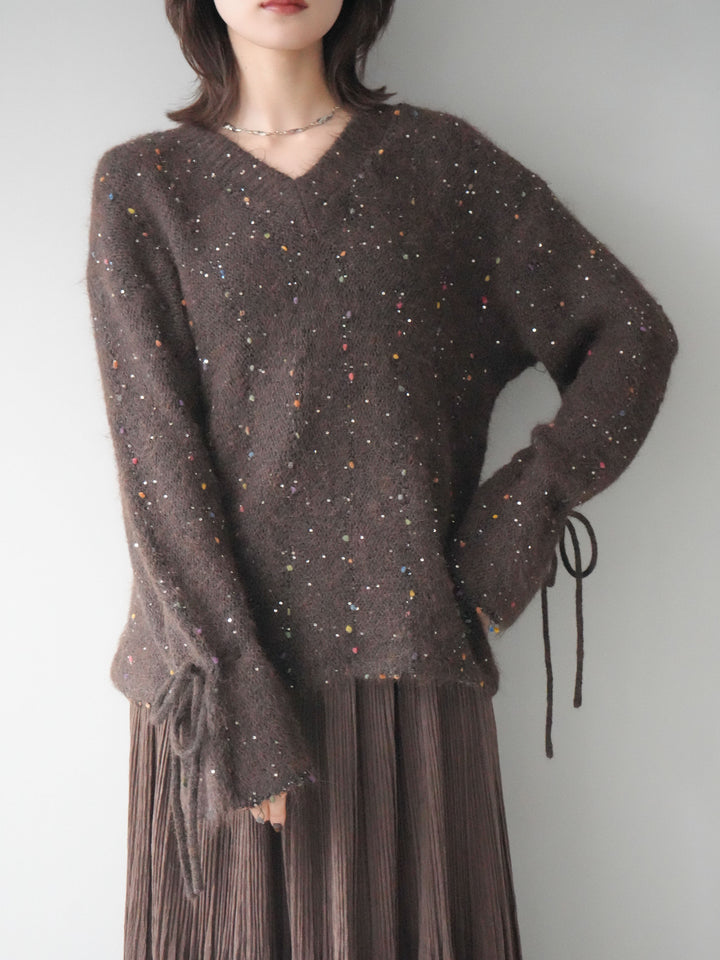 [予約]キャンディースリーブカラーネップスパンコールニットプルオーバー/brown