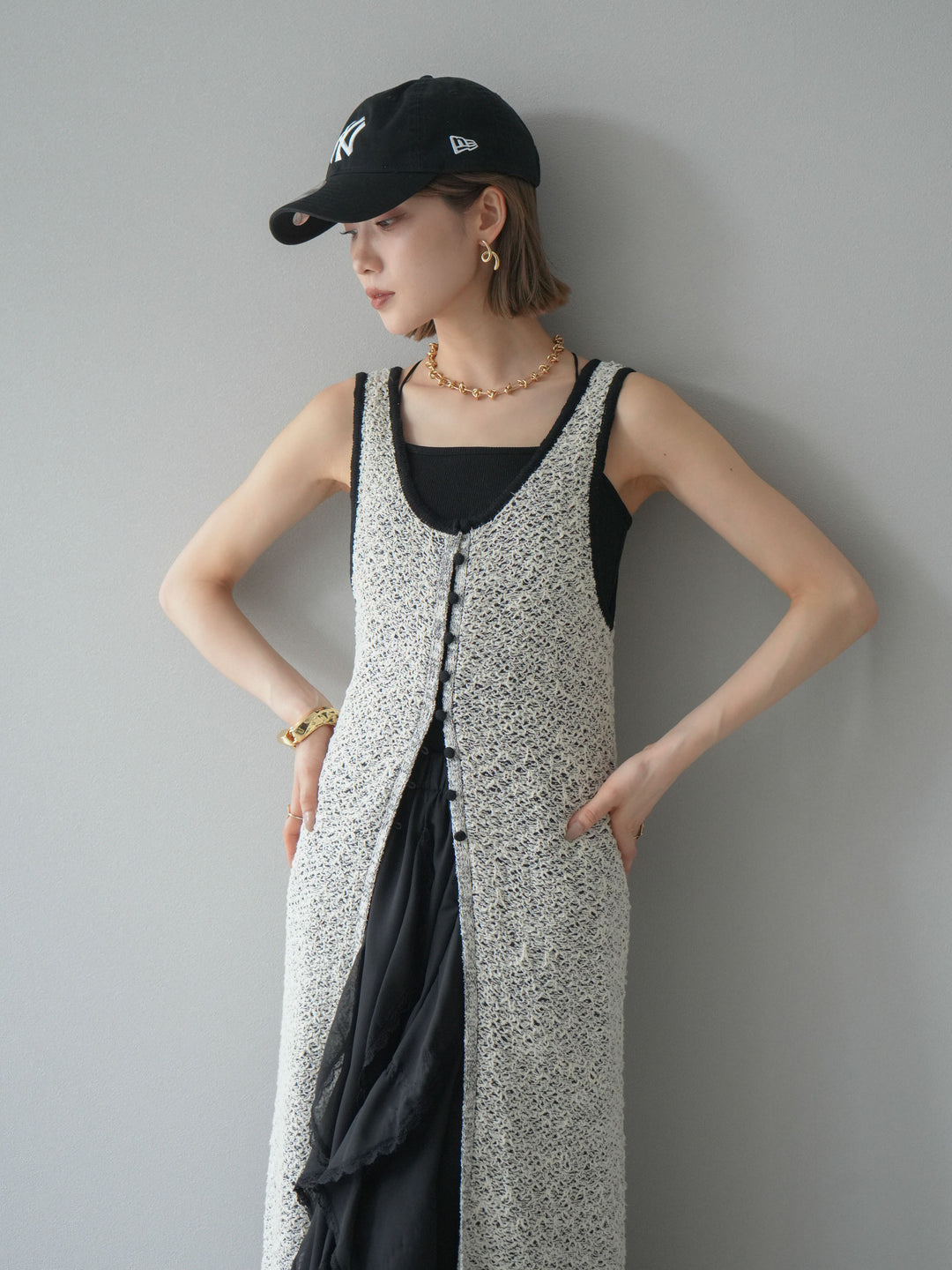 【預購】混紗前開衩洋裝/黑色