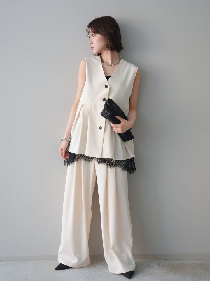 [予約]ウエストバイカラータックワイドパンツ/ivory