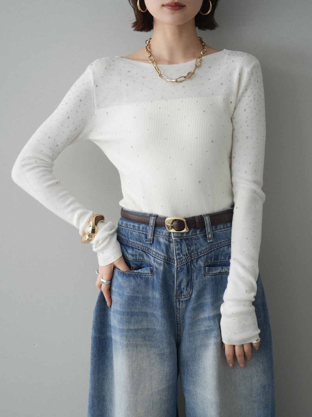 [SET]スパンコールシアーニットトップス+スパンコールシアーニットトップス(2set)