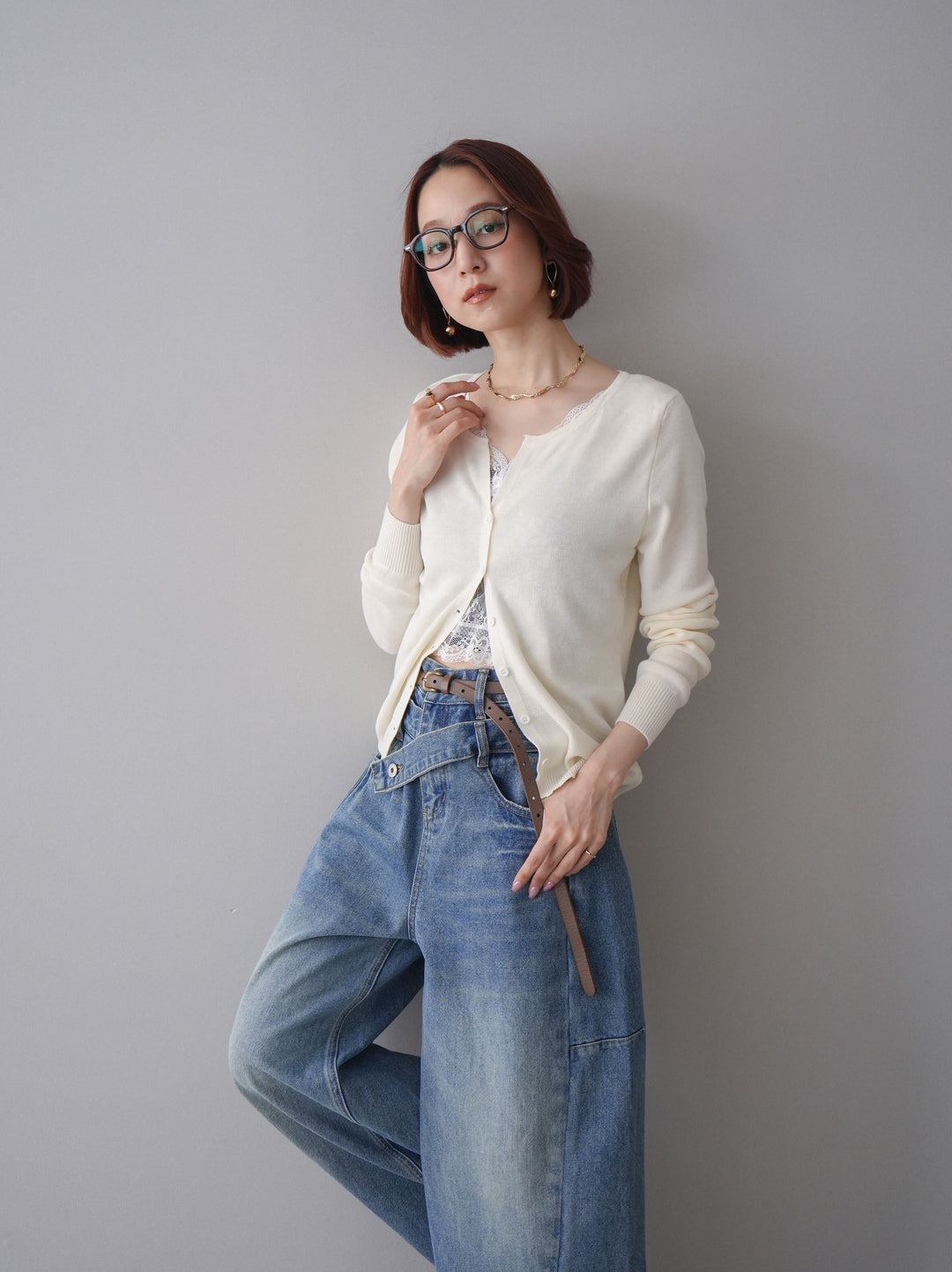 [SET]レースレイヤードニットカーディガン+アシメデザインワイドデニムパンツ(2set)