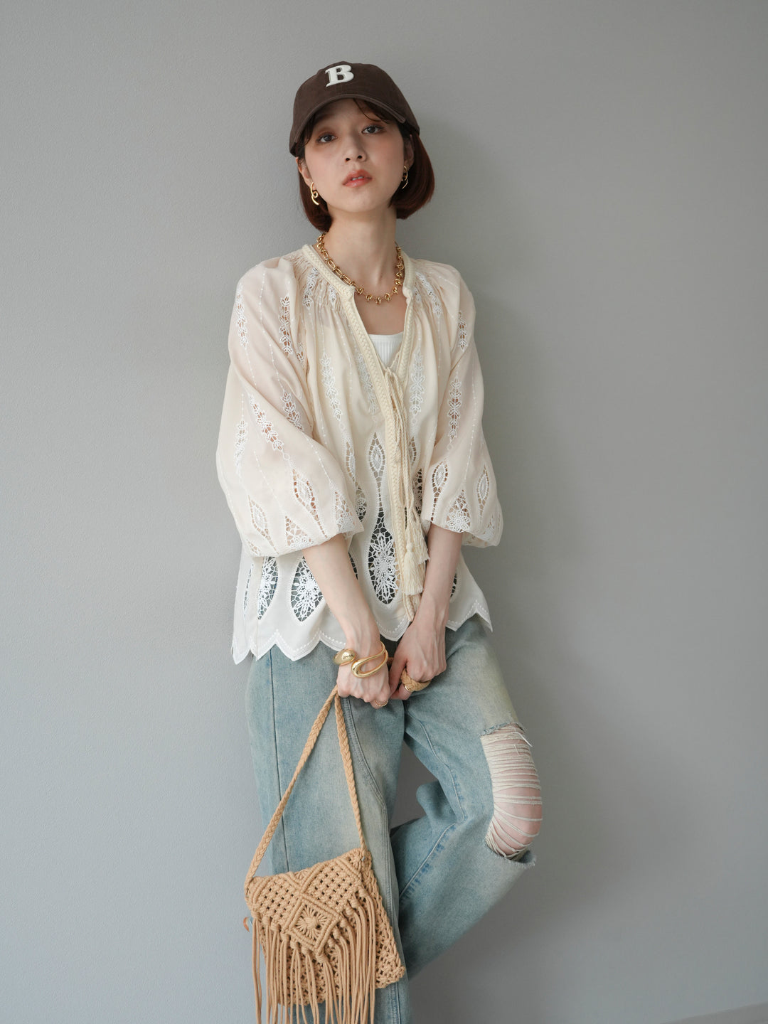 [予約]マクラメフリンジショルダーミニバッグ/ベージュ