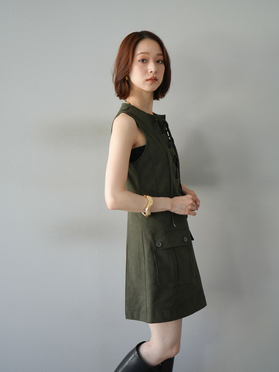 [予約]レースアップスエードミニワンピース/カーキ