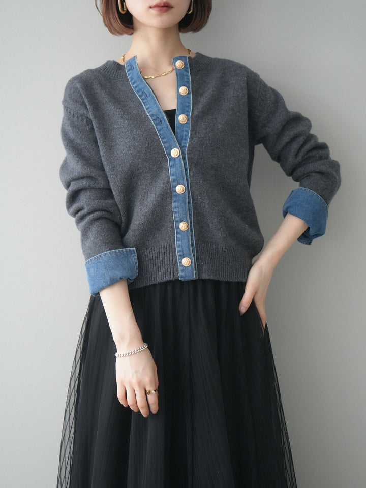 [SET]クルーネックデニムドッキングニットカーディガン+選べるアクセセット(2set)