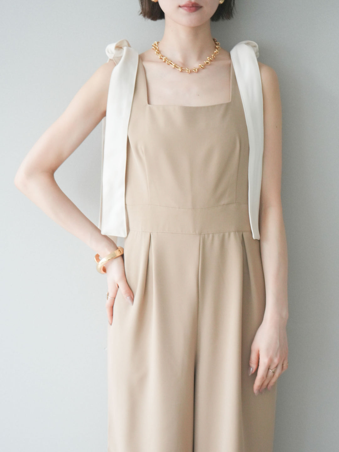 [予約]ショルダーリボンサロペット/beige