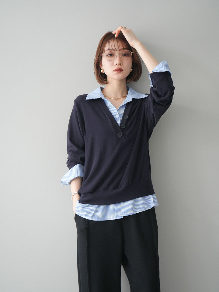 [予約]シャツレイヤードデザインカットプルオーバー/navy