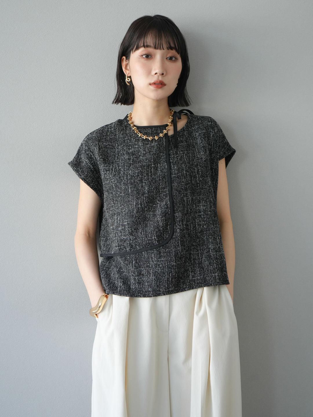 [SET]サマーツイードケープデザインプルオーバー+クレープシフォンタックワイドパンツ(2set)