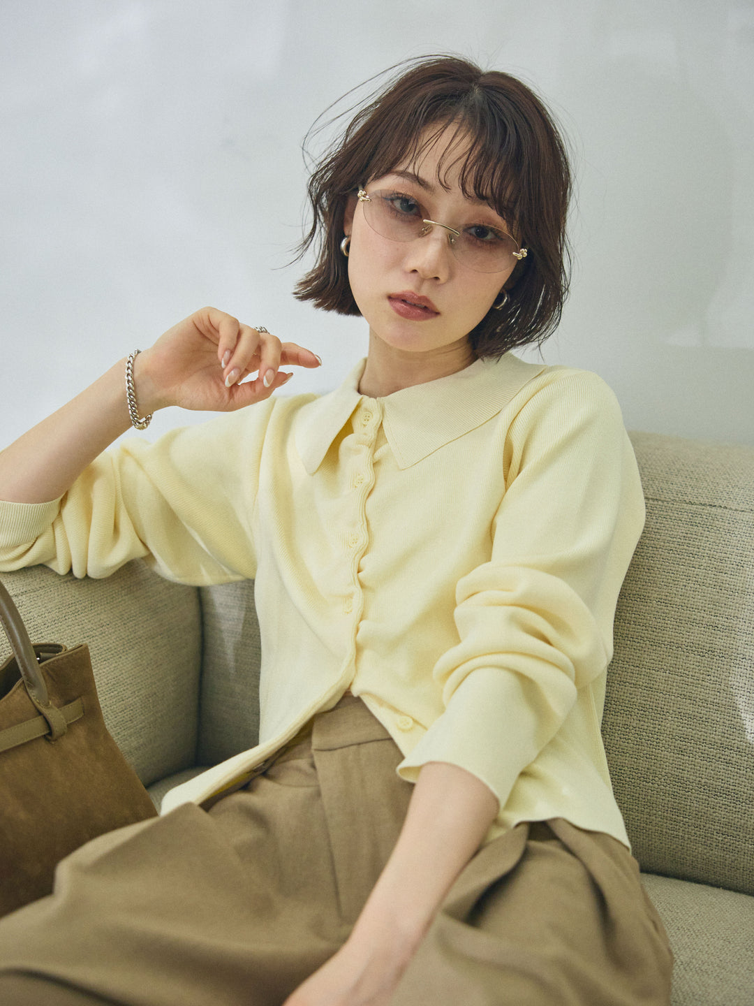 【Allure】[SET]襟付きギャザーニットカーディガン+アシンメトリーウエストタックパンツ(2set)