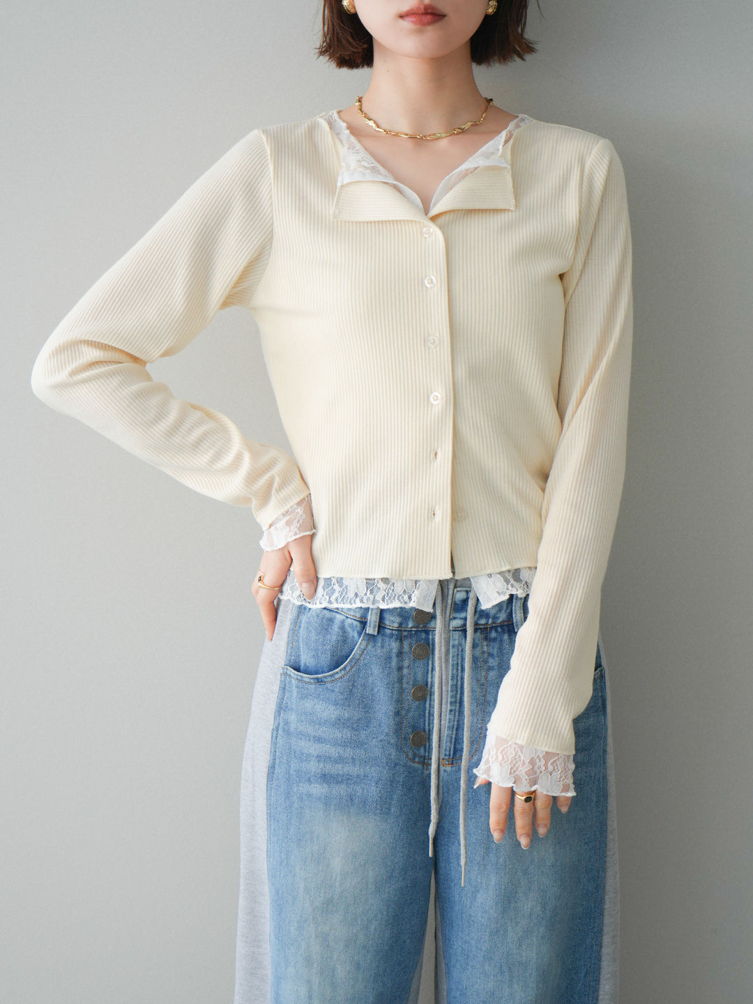 [SET]レースドッキングテレコリブカーディガン+選べるアクセセット(2set)