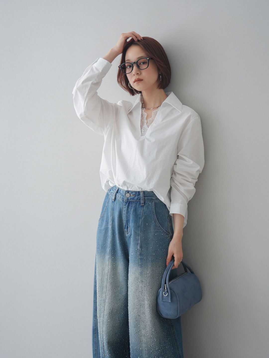 [SET]レースネックスキッパーブラウス+フロントビジューカーブデニムパンツ(2set)