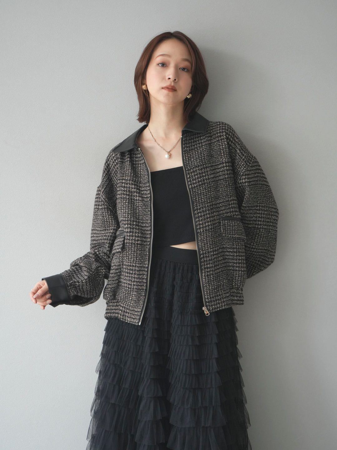 [予約]レザー襟ミックスツイードジャケット/brown