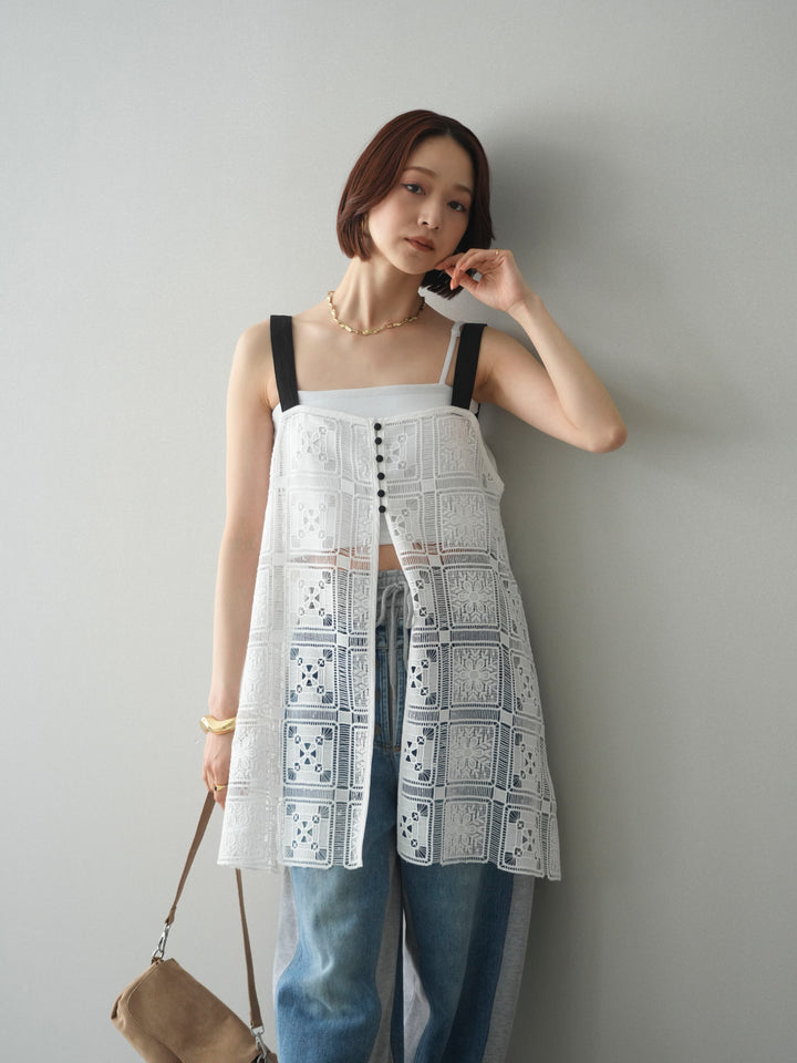 [SET]配色パネルレースキャミソール+デニム切替スウェットパンツ(2set)