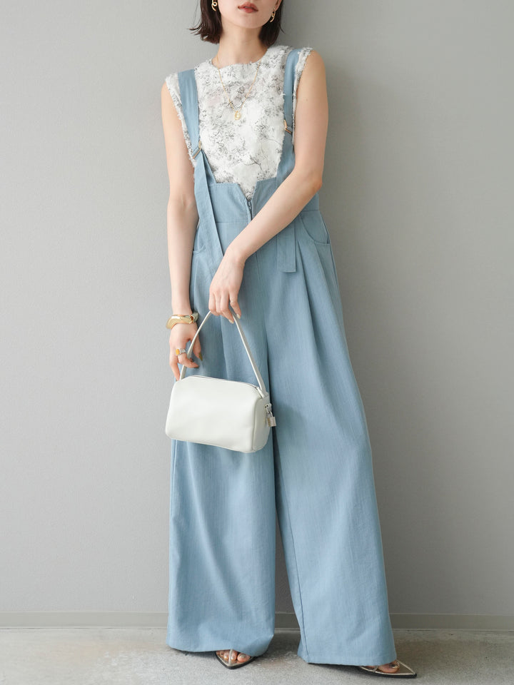 [SET]ストリングデザインハイウエストサロペット+ニュアンスフリンジジャガードノースリーブブラウス(2set)