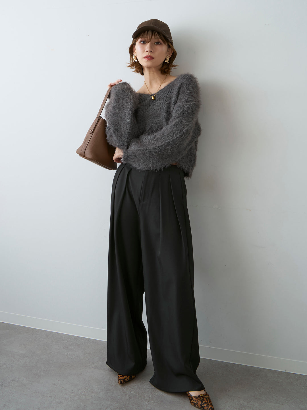 [SET]Vネックシャギークロップニットトップス+ツイルタックワイドパンツ(2set)