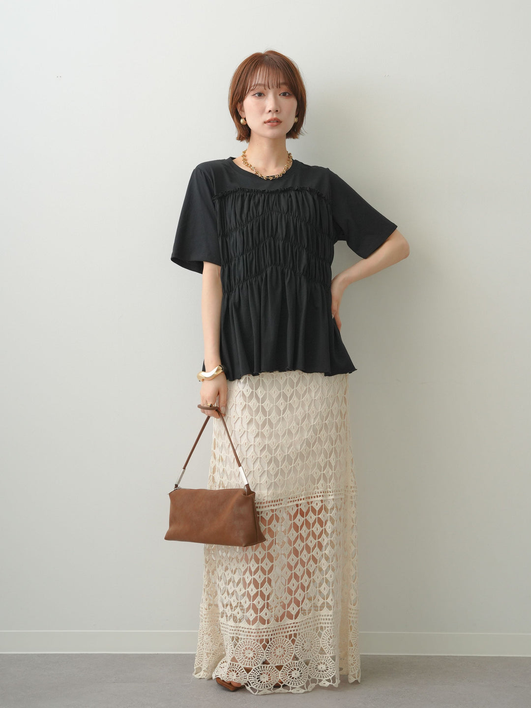 [SET]クールタッチシャーリングTEE+クロシェレースIラインスカート(2set)