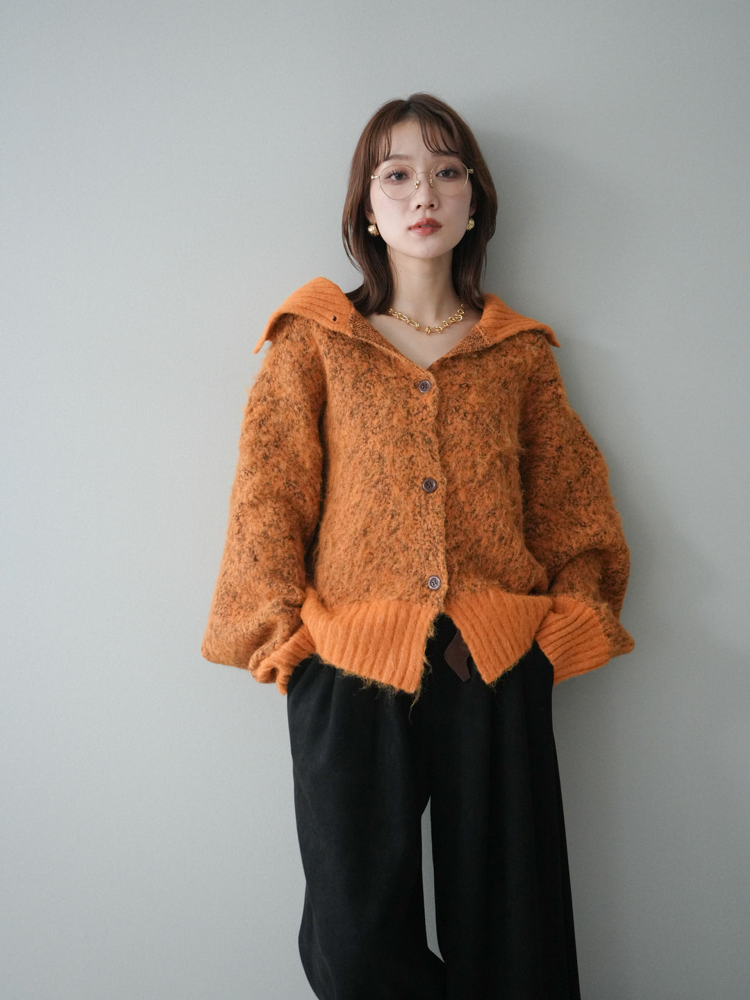 [予約]リブ切替メランジニットカーディガン/orange