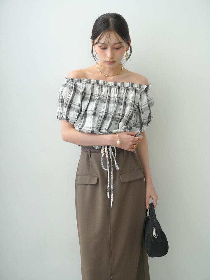 [SET]チェックギャザーオフショルトップス+クレープデシンフラップ付きストレートスカート(2set)