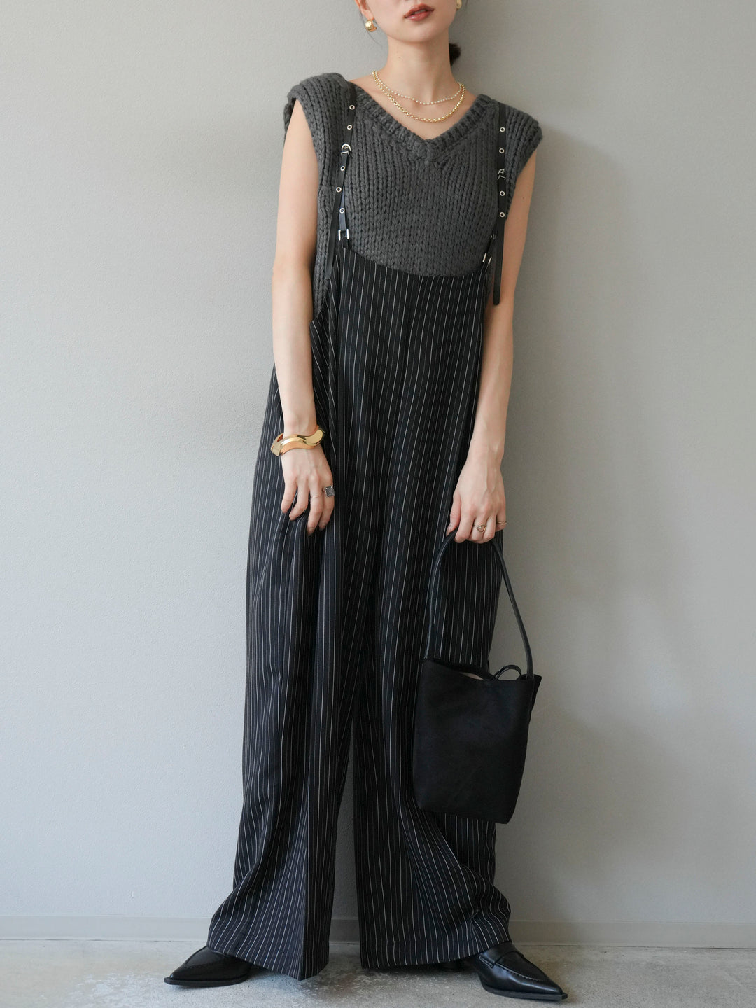 [予約]ヘリンボーンストライプサロペット/ブラック