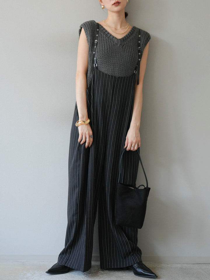 [予約]ヘリンボーンストライプサロペット/ブラック