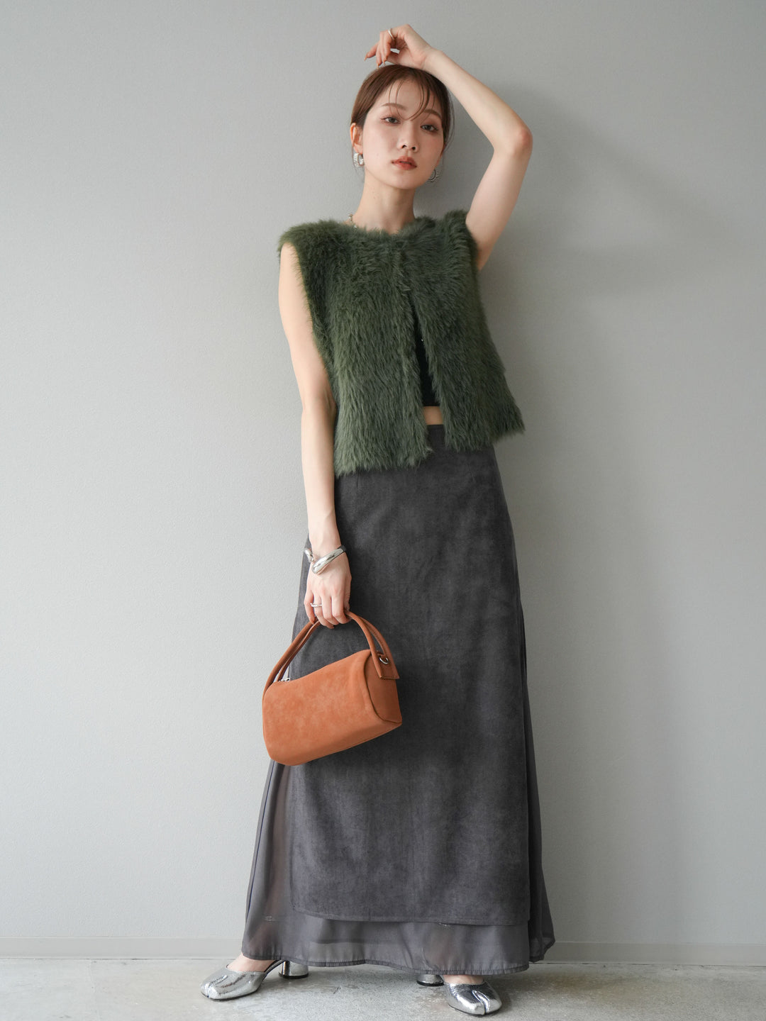 [予約]サイドスリットスウェードドッキングシフォンスカート/グレー