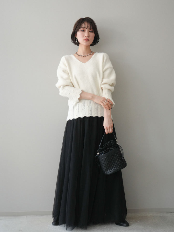 [SET]パールフリルリブヘムニットプルオーバー+チュールボリュームスカート(2set)