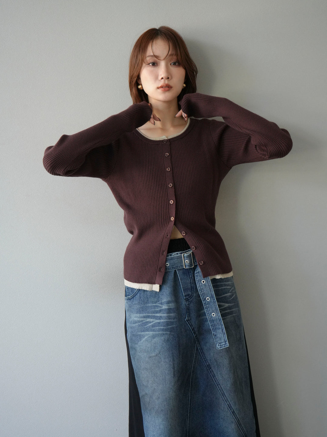 [予約]レイヤード配色ニットカーディガン/ブラウン