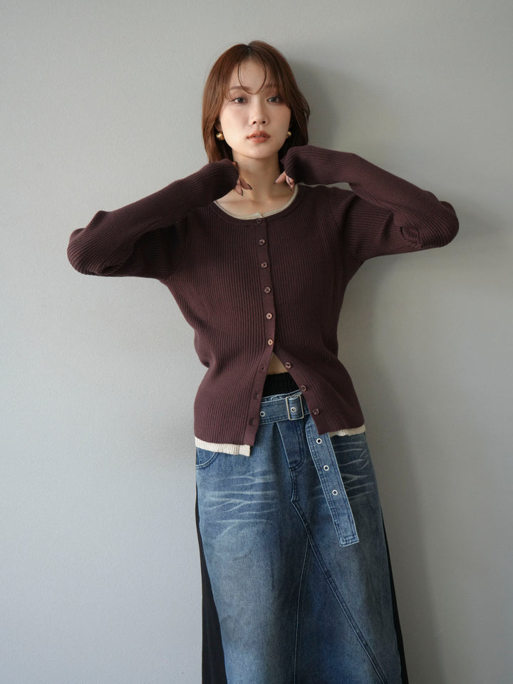 [予約]レイヤード配色ニットカーディガン/ブラウン