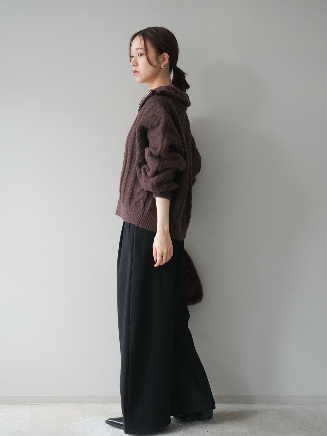 [予約]アニマル柄ベルト付きウールタッチワイドパンツ/black