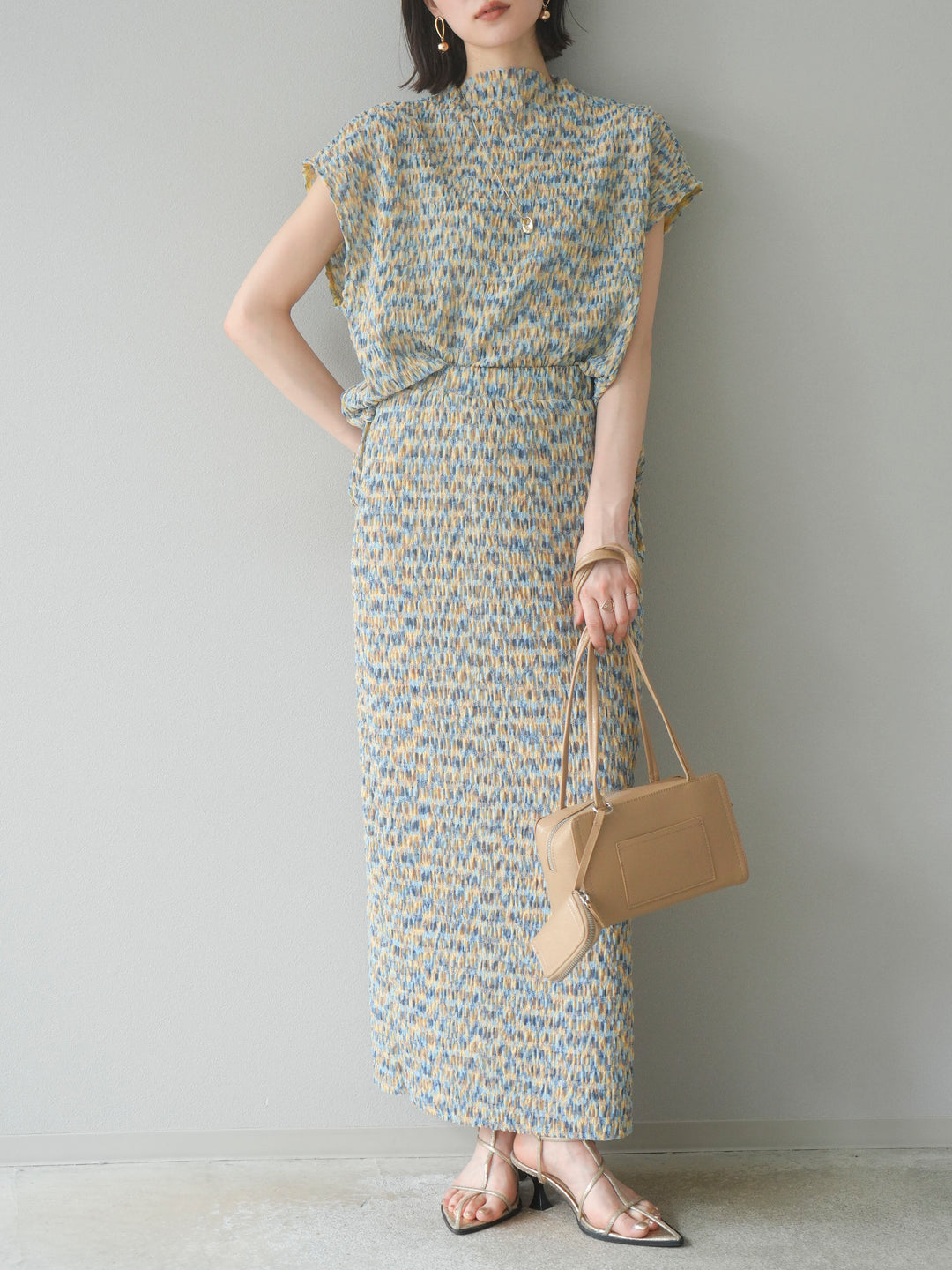 [予約]マルチカラーランダムプリーツタイトスカート/イエロー