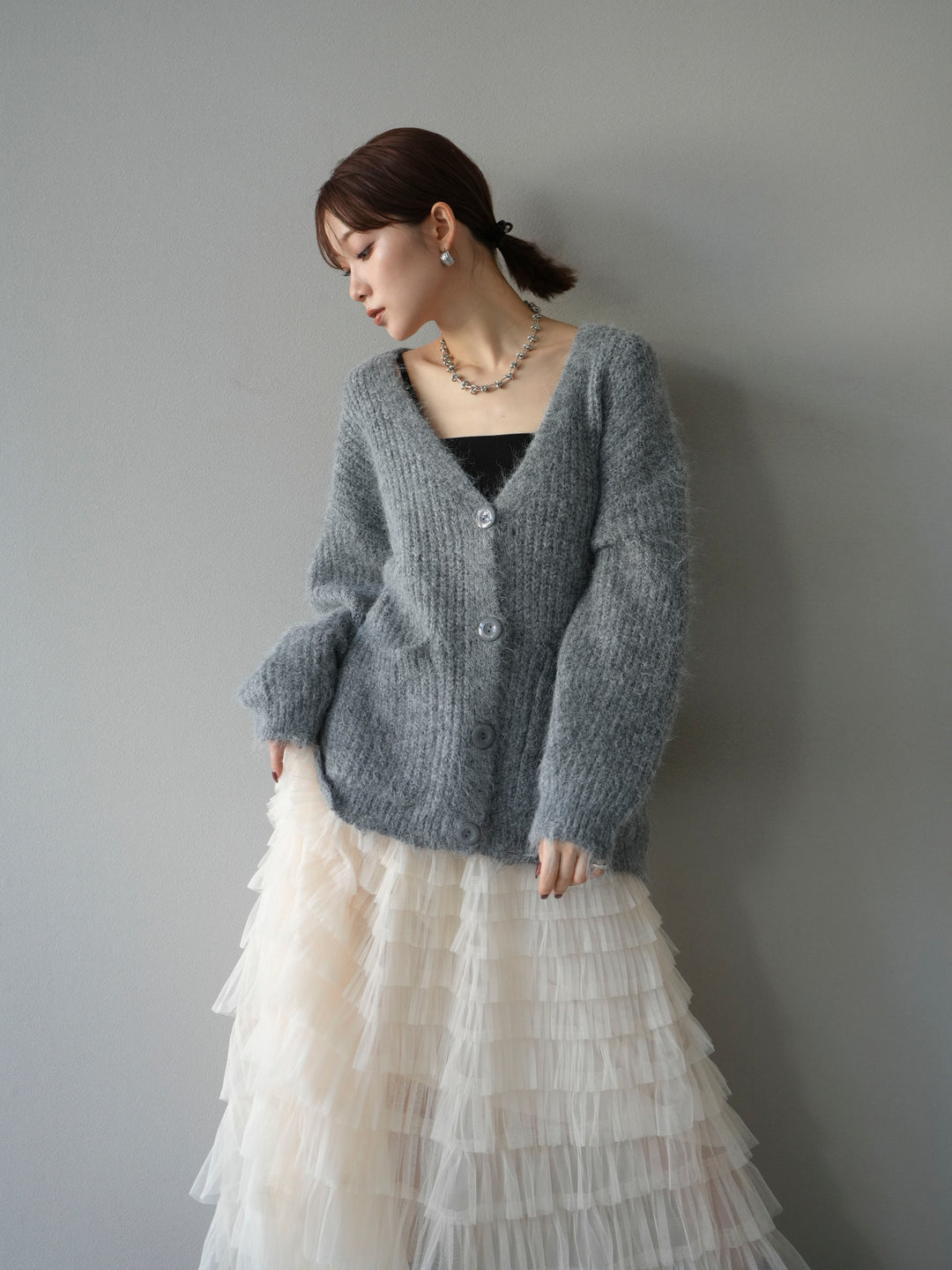 [予約]ウール混オーバーニットカーディガン/グレー