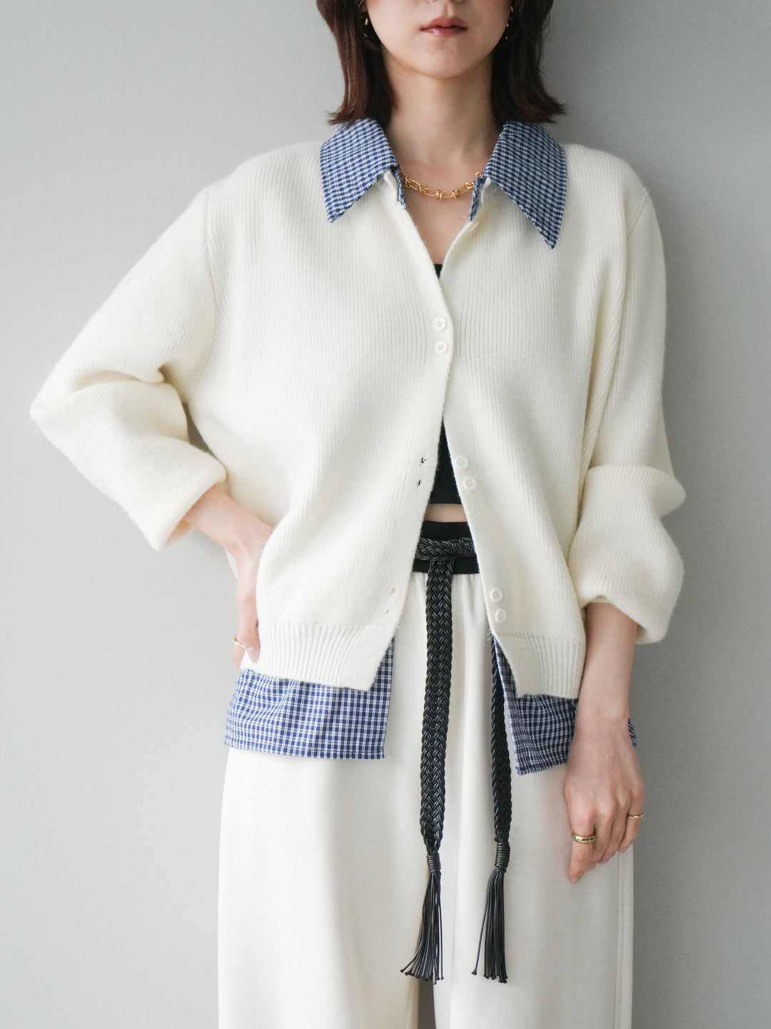 [SET]チェックシャツ襟ニットカーディガン+編み込みベルト付きウエスト配色スエットパンツ(2set)