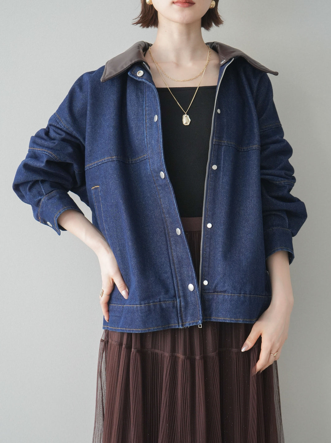[予約]配色襟レザーデニムブルゾン/indigo