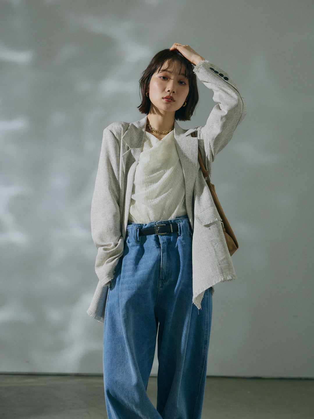 【Allure】[SET]スラブツイードフリンジテーラージャケット+ストレッチレースドレープトップス+ハイウエストベルトループデザインデニムパンツ(3set)