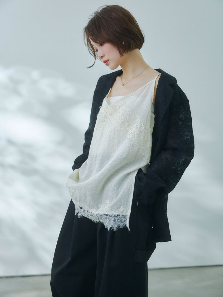 【Allure】[SET]シアージャガードデーラードジャケット+カットオフコットンツイルタックワイドパンツ(2set)