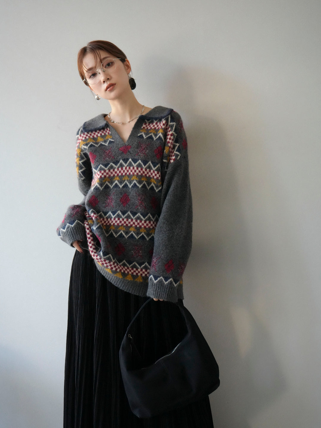 [予約]ノルディック柄ポロニットプルオーバー/チャコール