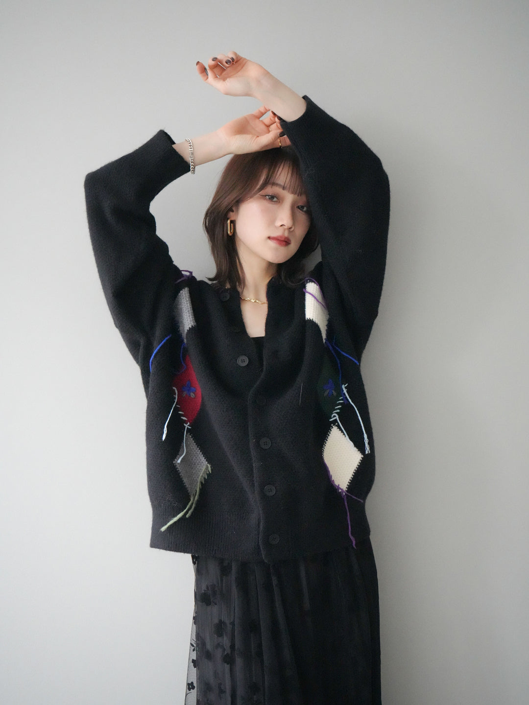 [SET]ハンドステッチアーガイルデザインニットカーディガン+ハンドステッチアーガイルデザインニットカーディガン(2set)