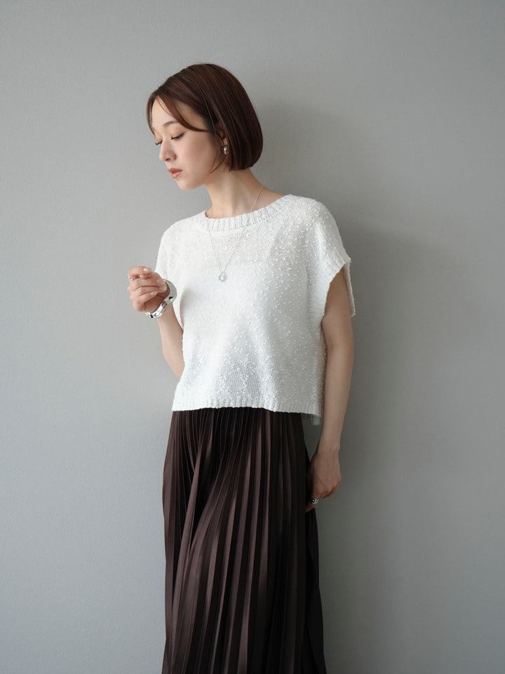 [SET]ネップヤーンクロップドニットベスト+サテンプリーツマキシスカート(2set)