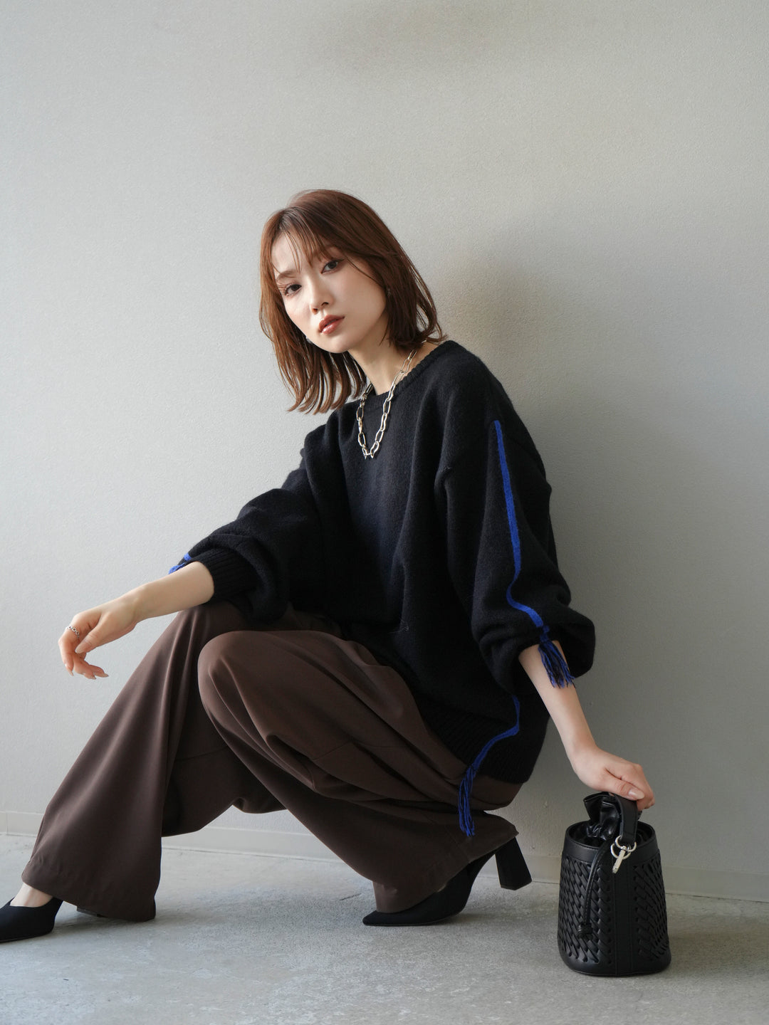 [予約]配色ステッチフリンジニットプルオーバー /ブラック