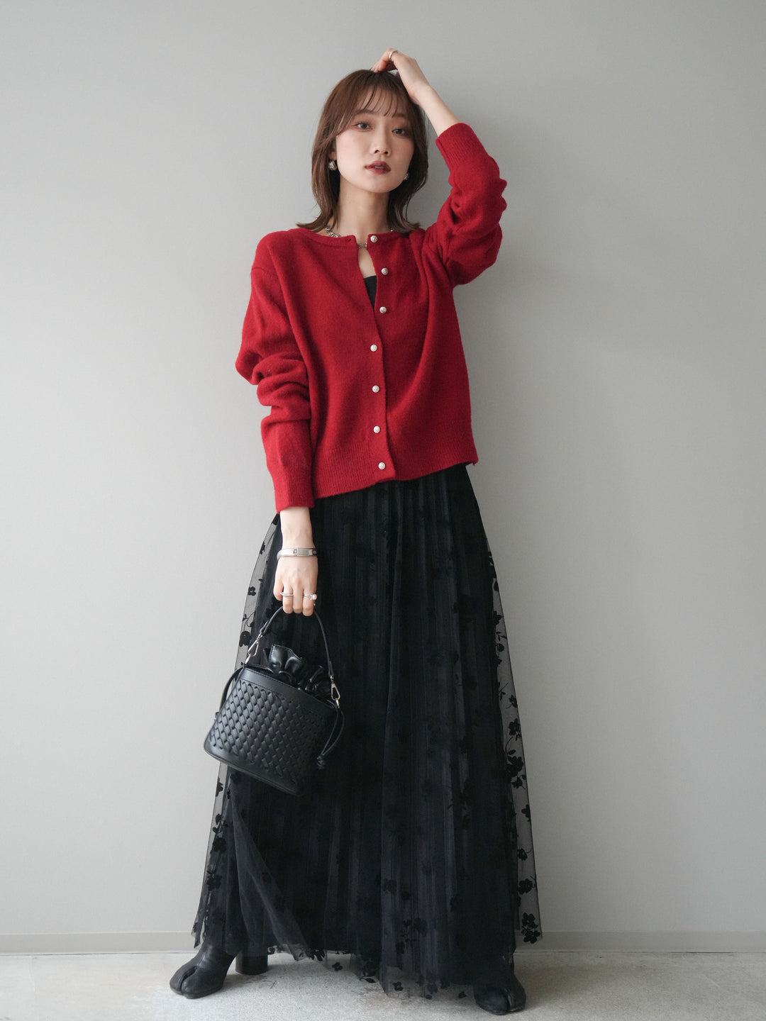 [SET]アンティークボタンニットカーディガン+フラワーフロッキーチュールプリーツスカート(2set)