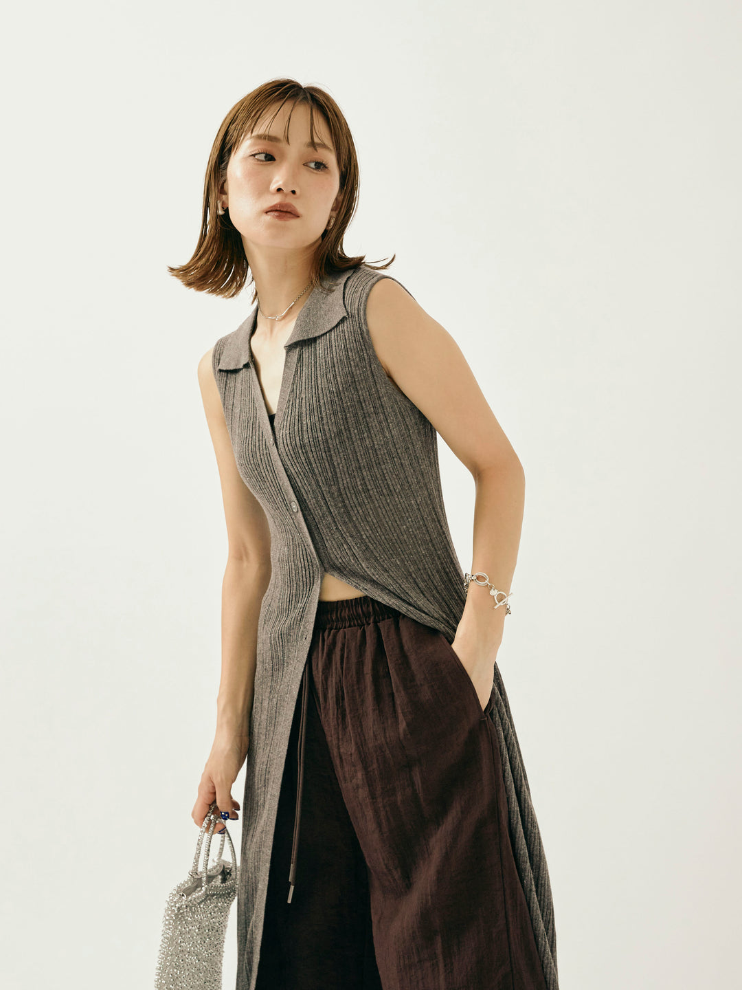 [予約]襟付きランダムリブロングニットカーディガン/グレー