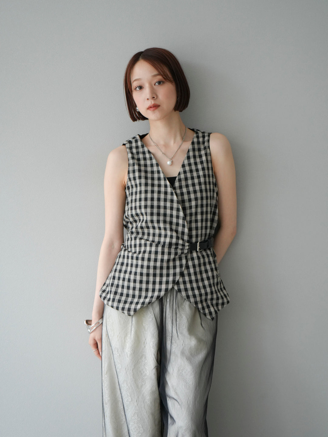 [SET]ベルトデザインバルーンブラウス+レースタックイージーパンツ(2set)