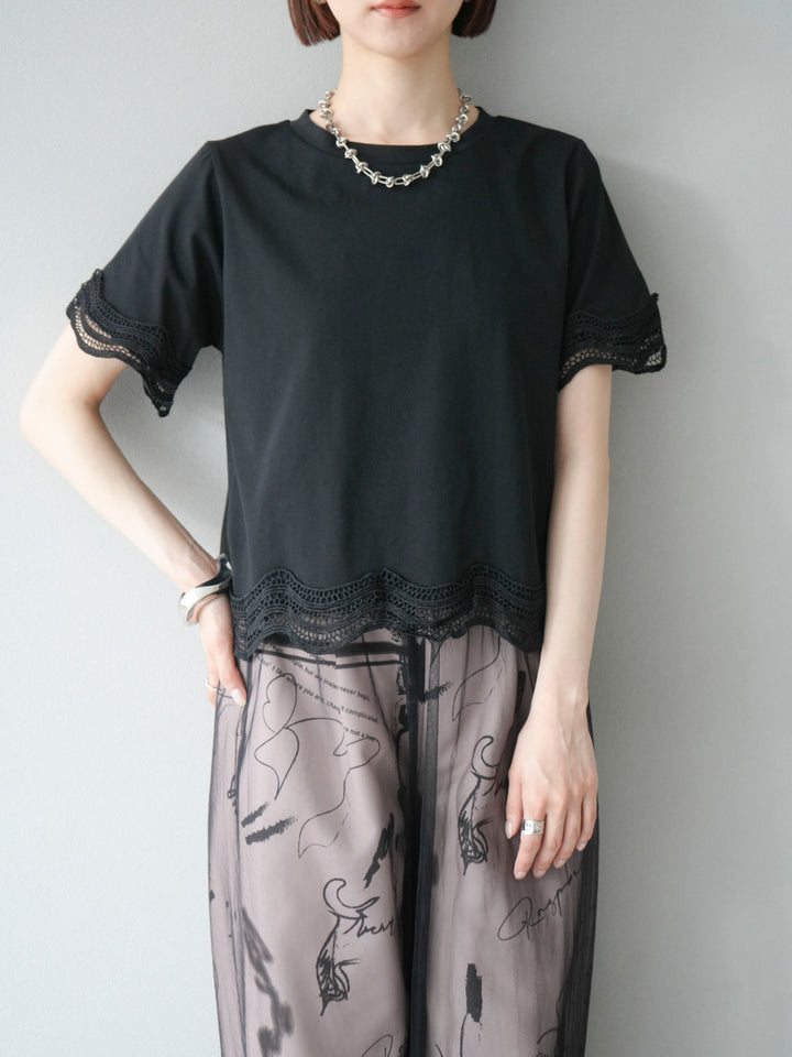 [SET]レース切替カットソー+コード刺繍チュールレイヤードパンツ(2set)