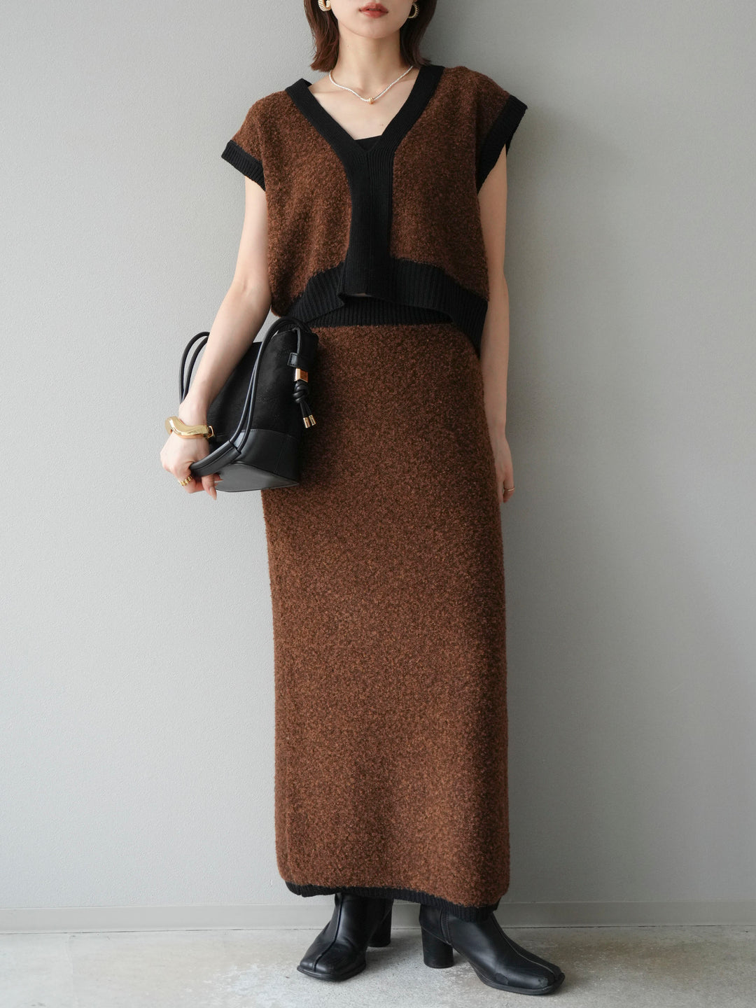 [予約]ブークレバイカラータイトニットスカート/ブラウン