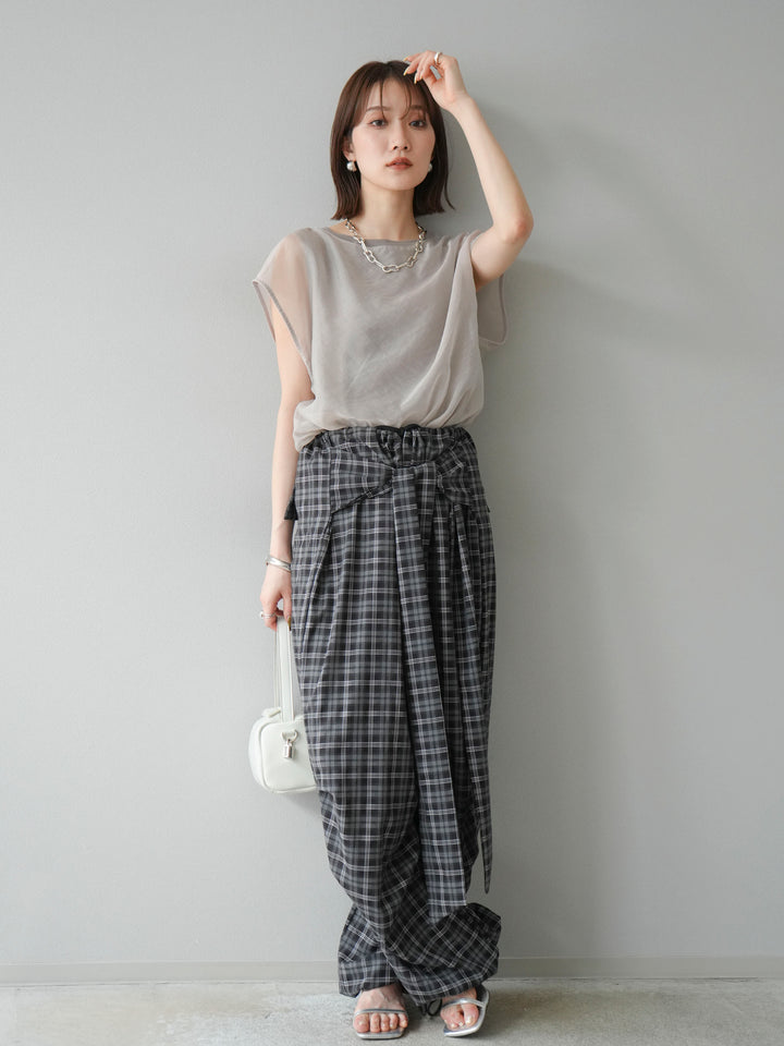 [予約]チェック柄ウエスト巻きドロストパンツ/ブラック