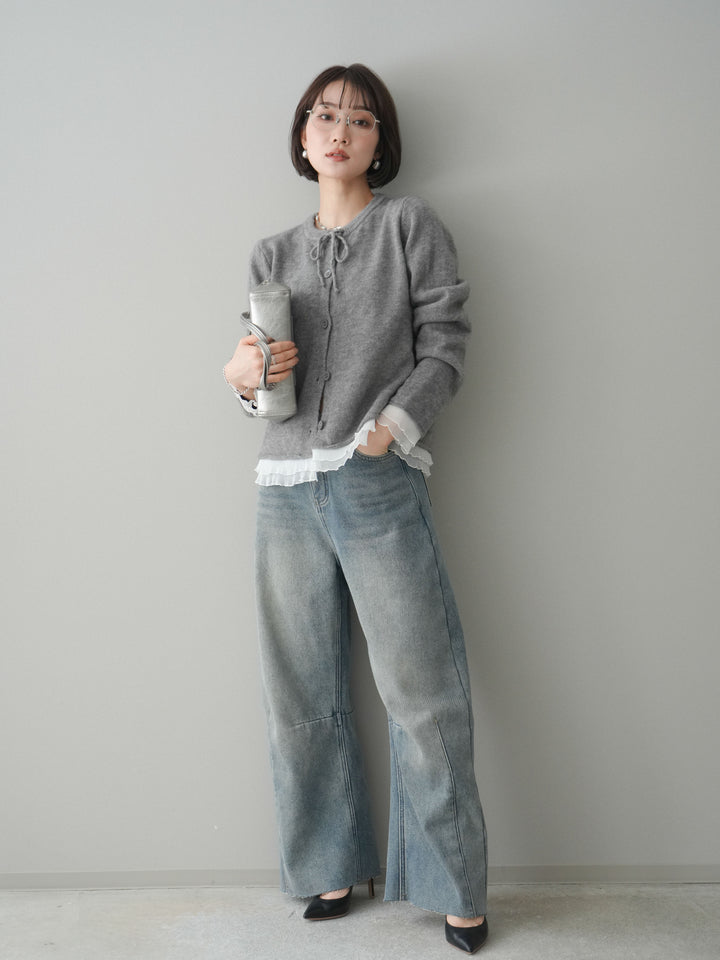 [予約]裏起毛カットオフカーブデニムパンツ/blue