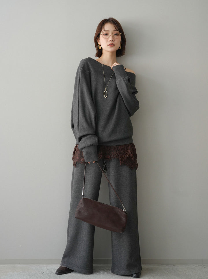 [SET]アシンメトリーオフショルポンチプルオーバー+レーストリムキャミソール+イージーポンチワイドパンツ(3set)